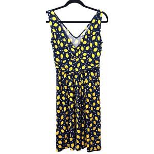 Boden Women Sleeveless Lemon Dress Size 4 Navy Yellow Shift Fit Flare V-Neck EUC